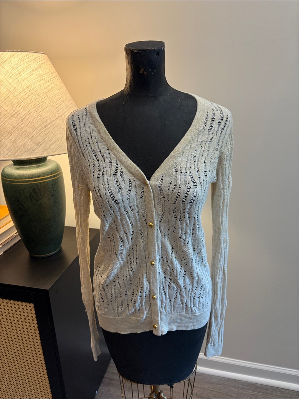 Belldini Y2K Holiday Chic Cream Open-Knit Button Cardigan – Gold Buttons – Size